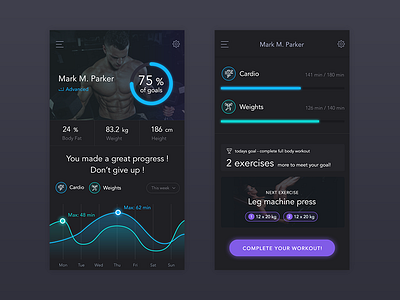 No Excuses app - profile screens app fitness gym profile sport ui ux workout