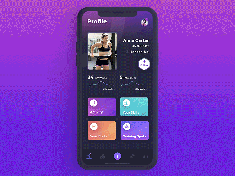 Beast Barz - profile & stats screens animation concept animation app cards fitness gym interaction principle profile stats ui ux