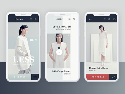 Roxane fashion store mobile designs - LESS Campaign SS19 app clean fashion modern typography ui ux web webdesign
