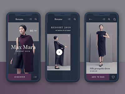 Roxane fashion store mobile designs - Resort 2019 app clean dark fashion layout modern typography ui ux webdesign