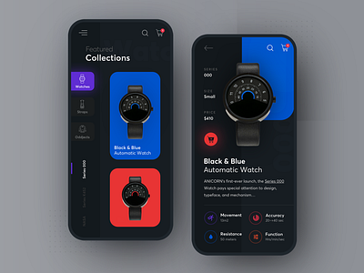 Anicorn watches mobile app - dark mode