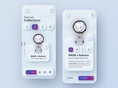 Neumorph / Skeuomorph Anicorn Watches - Light Mode appmobile lightui mobileapp neumorphic neumorphism skeumorphic skeumorphism ui ux watch