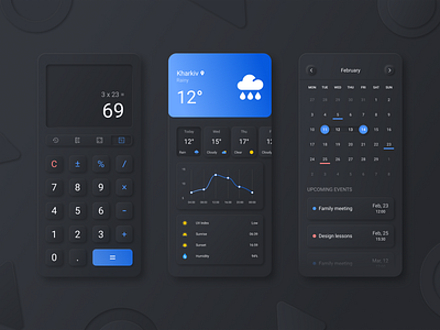 Neomorphic Ui App Set app calculator calendar dark darkui design figma interface mobile mobile app mobile design neomorphism softui ui ux weather