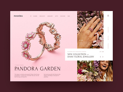 Pandora Garden — Jewelry bijouterie bracelets brilliant concept creativity daily grid grids jewelry landing layout pandora pink rose typography uiwebdesign uxwebdesign webdesign website woman