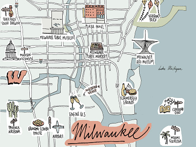 Milwaukee map 2g art carte cartography drawing handletter illustrated map illustration lettering map pins mapa milwaukee pastel pastel colors