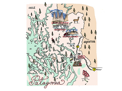 Map of Patagonia animals illustrated art chile editorial art editorial design handdrawn handdrawn illustration illustrated map illustration magazine map markers maps patagonia south america
