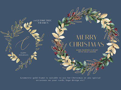 Watercolor Gold Leaves Wreath Clipart border botanical branding clipart design elegant fineart geometric gold greeting card illustration leaves line art logo merry christmas vintage watercolor wedding wreath