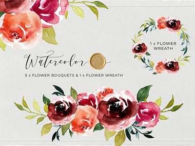 Watercolor Floral Bouquet and Flower Wreath Clipart