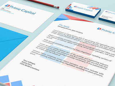 Prime Capital Logo & Stationery Design a4 paper branding brochure brochure design busines card business card clean design envelope design flat icon identity illustration illustrator letterhead logo logo design minimal typography vector