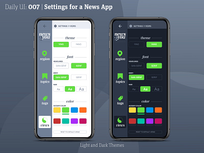 Daily UI :: 007 Settings daily 100 challenge daily ui dailyui dailyui 007 dailyuichallenge dark theme dark ui mobile mobile ui news settings
