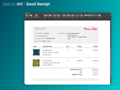 Daily UI 017 | Email Receipt 017 daily 100 challenge daily ui dailyui dailyuichallenge email email design email receipt home goods pillows