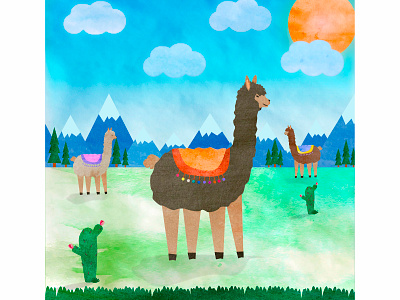 Alpacas for a walk alpaca alpacas animal art design flat illustartor illustration illustrations mountains vector watercolor watercolors
