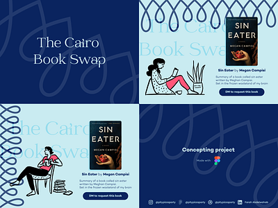Cairo Book Swap Concepting blue books branding concept concept design design figma illustration instagram post literary plants reading typography vector
