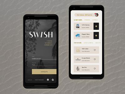 Swish Rewards App app branding design elegant figma gold logo loyalty luxury minimal mobile points rewards typography ui vector