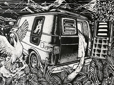 white van blackandwhite illustration