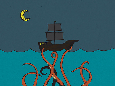 The Kraken color digital print illustration kraken octopus sailing ship