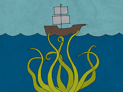 Kraken 2 color digital print illustration kraken octopus ship