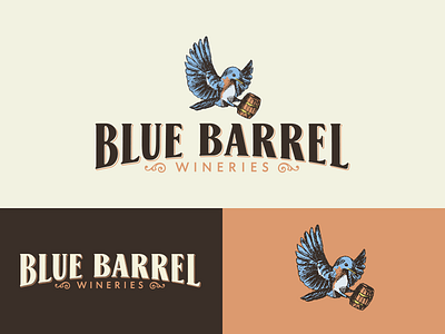 Blue Barrel Wineries Identity blue barrel bluebird logo logo design wine