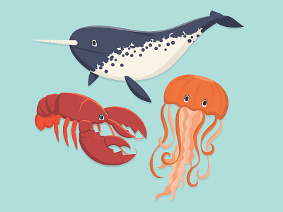 Sea Creatures Work in Progress children illustration jellyfish lobster marine narwhal sea sea creature