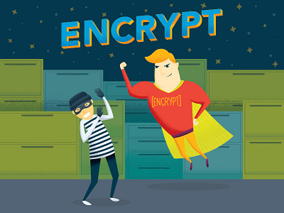 Encryption Man! burglar drawing email encrypt encryption hackers illustration office security superhero