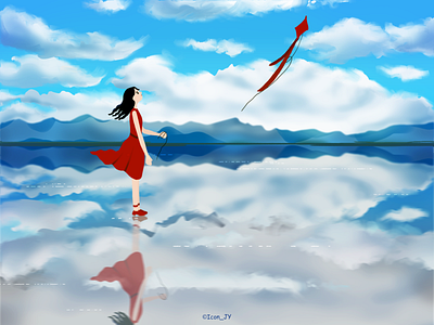 Kite girl illustration illustration practice punch kite lake sky