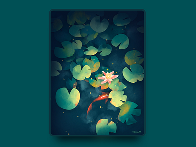 Summer night lotus pond carp dark firefly illustration illustration practice punch lotus lotus pond night summer