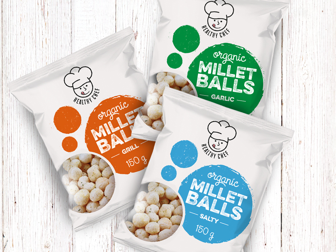 Logo and packaging design millet balls by Dóra Kuti on Dribbble