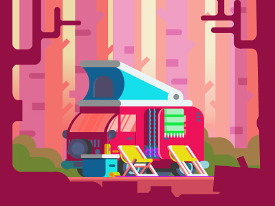 Camping camping forrest illustration tree van vector