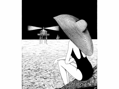 Contemplative getaway © by the ink - Cécile Ollichon 50s black white blackandwhite illustration ink art ink drawing ink pen inkdrawing ocean