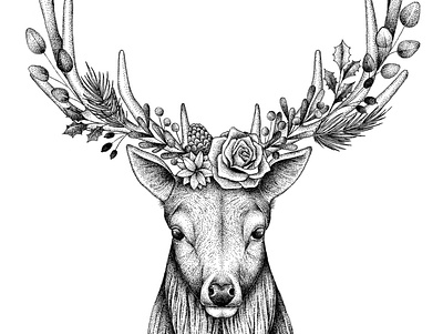 deer stylish as Frida © by the ink - Cécile Ollichon art blackandwhite deer dotwork forest frida illustration ink ink art ink drawing ink pen naturalista nature poetic stippling