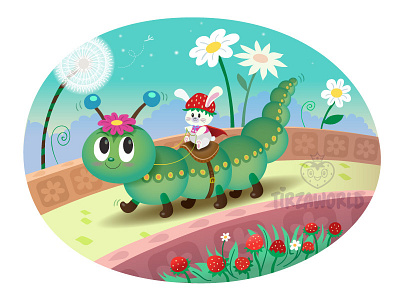 Caterpillar cartoon caterpillar colorful cute fantasy flower green happy illustration kids rabbit vector