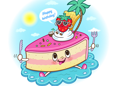 Cake island birthdaycake fun happy birthday illustration island strawberry vector