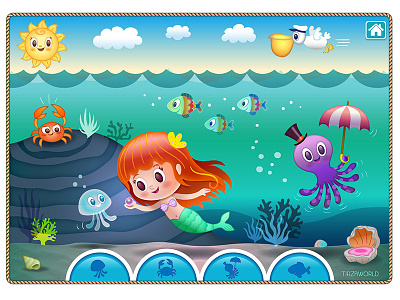 Cute mermaid game concept children color game concept interface puzzle under water