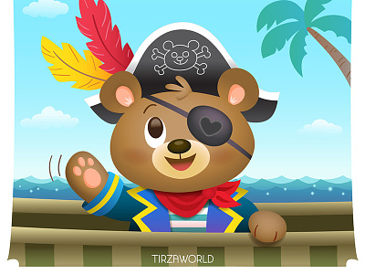Pirate Bear brown card design character cute illustraton kids ship