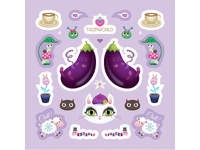 Sticker sheet baby character eggplant fun illustration purple sticker worm