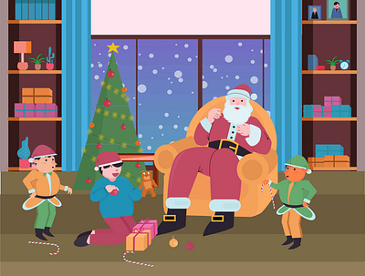 Santa ,kid and elf celebrating christmas eve art artwork christmas design design graphic flat flat illustration graphic design illustration illustrator santaclaus vector