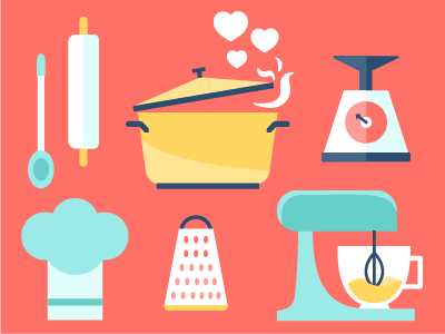 Date Night Cooking Class class illustration utensils baking cooking kitchen chef kitchenaid mixer love icons date