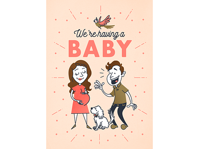 We're having a baby! announcement baby bird cartoon characters dad dog illustration mom pregnant retro typography