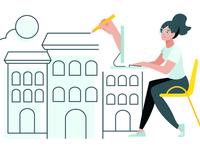 Design Your Community draw desk mint community girl lady building lines office computer illustration city woman person character design