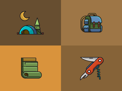 Camping Icons backpack camping icon illustration sleeping bag swiss knife tent
