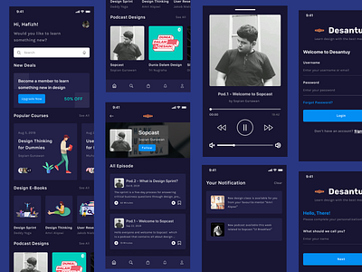 #Exploration - Desantuy Podcast & Online Course 2019 blue branding clean clean minimal clean ui coloring darkblue darkmode design figma gradient minimal minimalist mobile app design onlinecourse podcast ui userinterface web