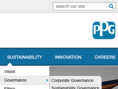 Preview of the new PPG.com site drop down navigation pattern shadow texture web design