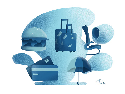 Blue Icons airplane blue burger button creditcard food icons illustraiton luggage meal plane procreate seats travel trip umbrella