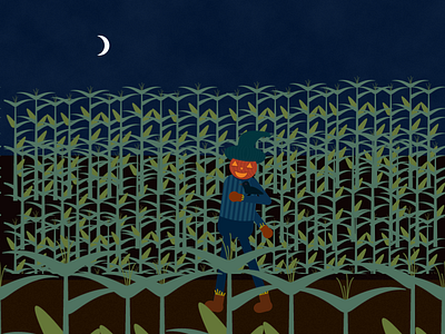 Punmpkin scarecrow character corn crescent crown flat grain illustration moon night vector