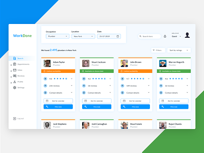 WorkDone Search Page - dashboard design for a concept project card cards clean colorful concept design job job board product search sidebar sidebar menu ui ui design ux web design work