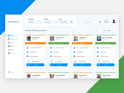 WorkDone Search Page - dashboard design for a concept project
