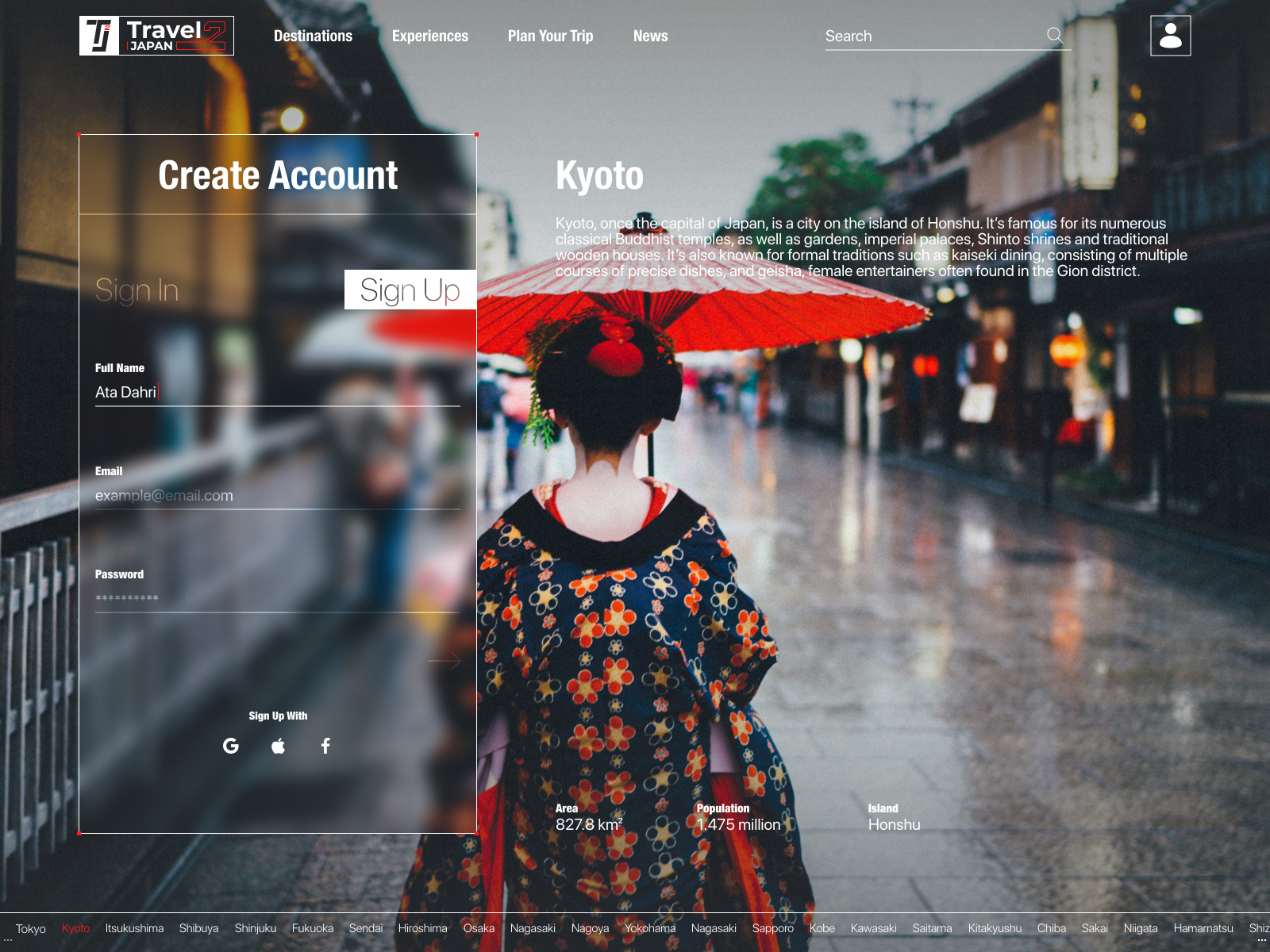 Travel 2 Japan site Sign Up Page by Ata (Farhan) Dahri on Dribbble
