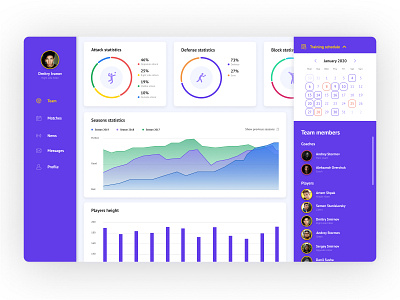 Volleyball team dashboard app design flat icon typography ui vector web website