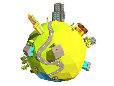 Low Poly World architecture cartoon city game illustration low poly planet rendering toon tree world