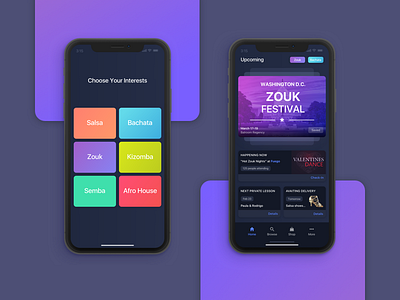 Concept for a Dancing Events App app colors dancing dashboard event ios iphone10 mobile night ui ux